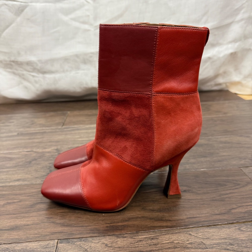 Sam Edelman Olina Patchwork Leather Suede Ankle Boots Red Flair Heel Square Toe - Picture 4 of 8